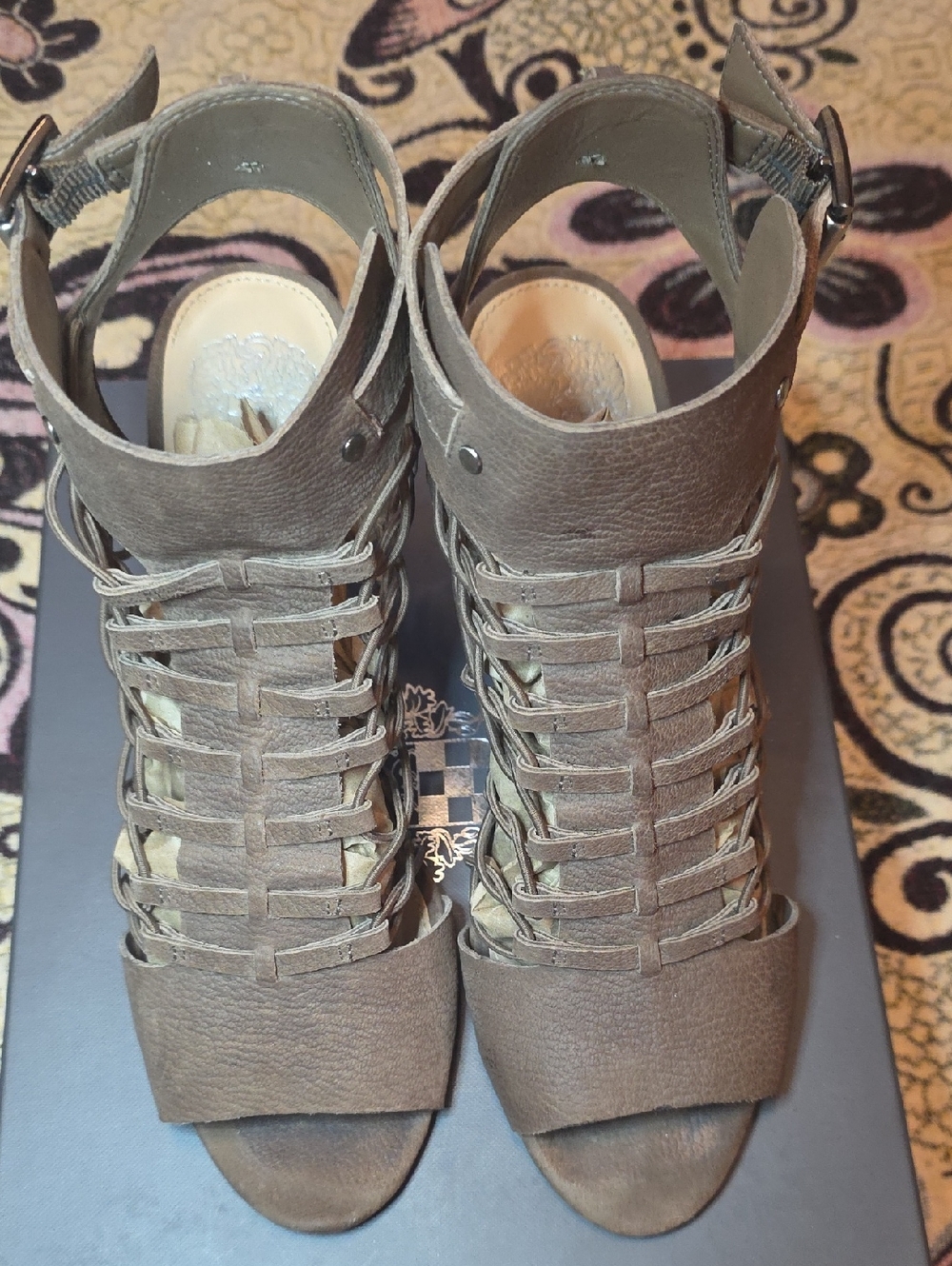 Vince Camuto Taupe Strappy Cage Peep-Toe Heels